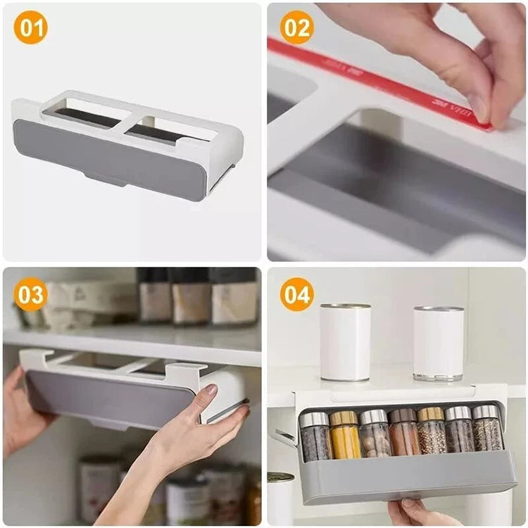 Under-Shelf Spice Organizer – Kitchen Seasoning Bottle Drawer Rack